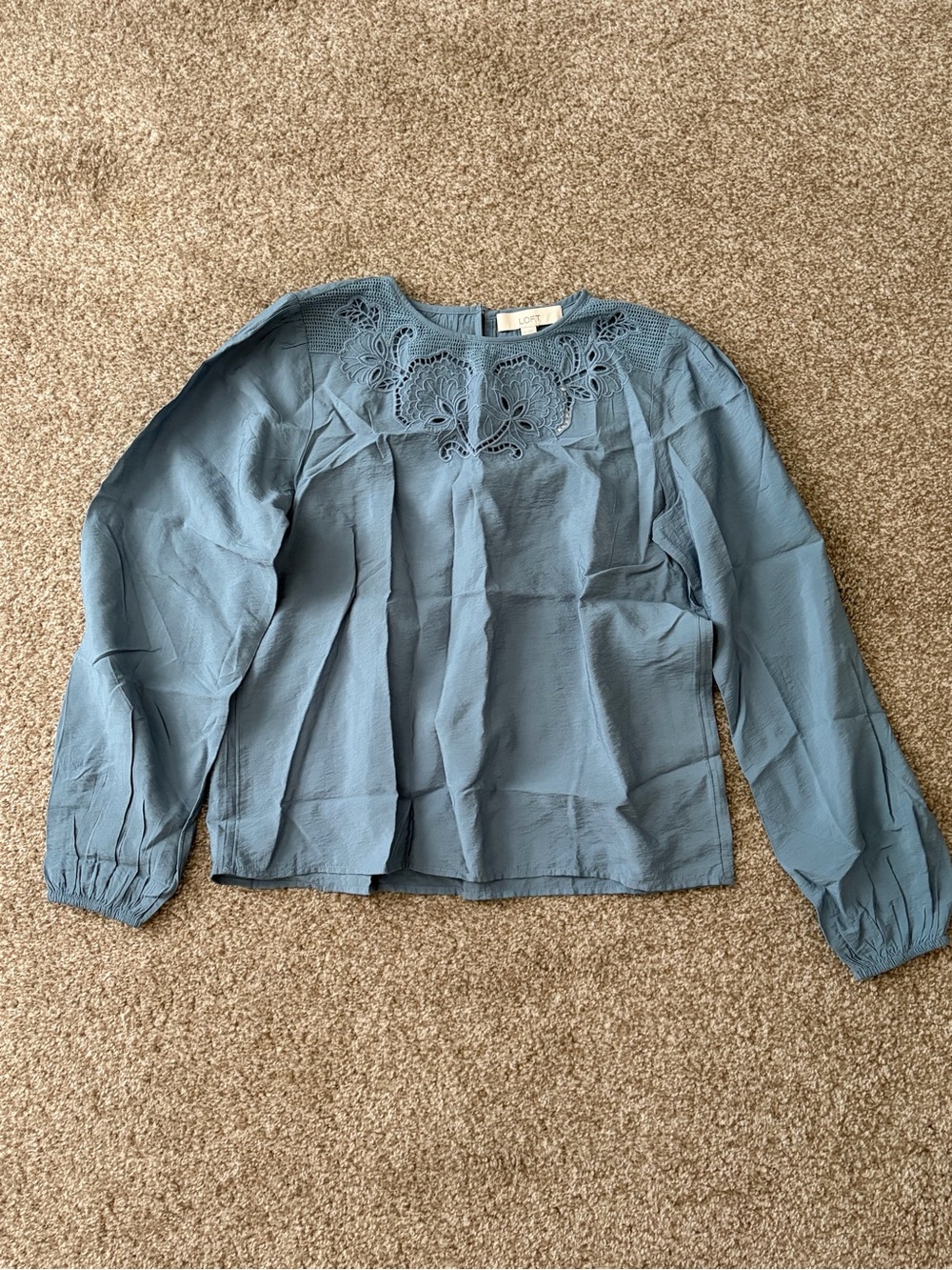 LOFT Dusty Blue Lace-Yoke Long Sleeve Blouse